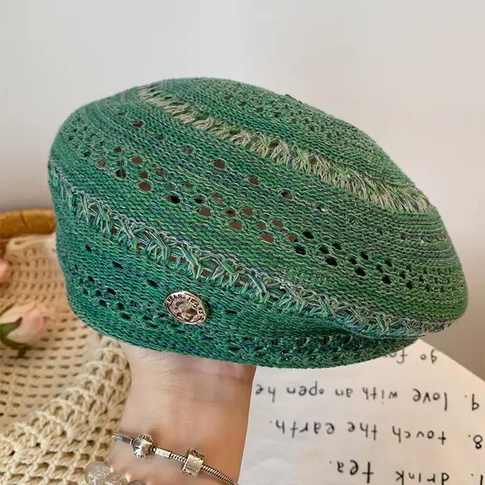 Béret tricoté ajouré rétro pour femme, chapeau d'artiste tendance amincissant le visage, design mode été, polyvalent pour sorties décontractées, été et printemps