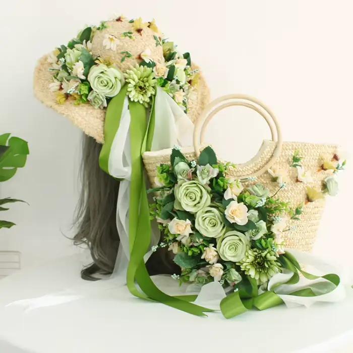Chapeau de paille fait main avec fleur Lafite bord large style rétro protection solaire idéal plage vacances photos