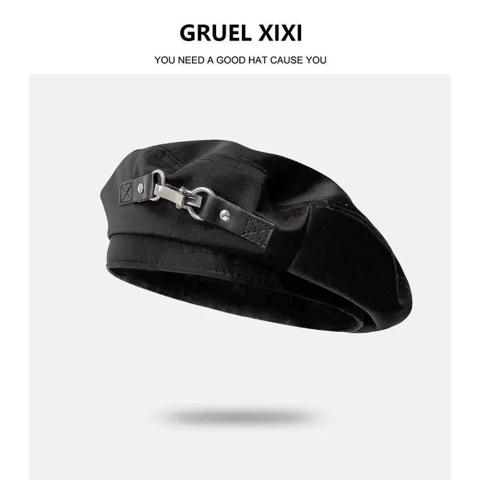 Béret noir à la mode avec chaîne métallique – Chapeau ample réglable et doux pour femmes et hommes