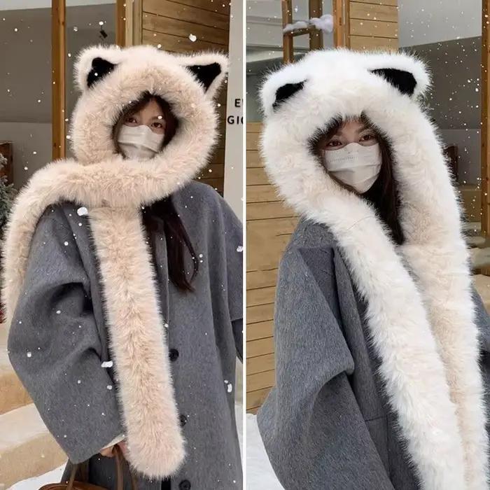 Mignon renard oreille moelleux chapeau écharpe chaud épais en peluche à capuche