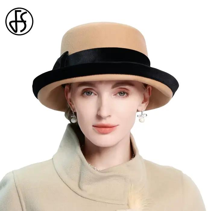 Chapeaux en feutre de laine camel pour femmes
