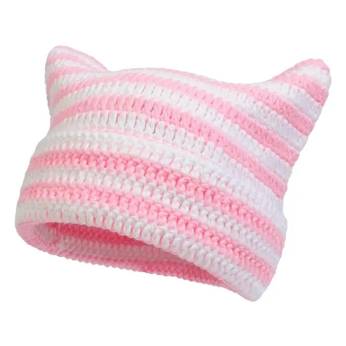 Automne et hiver nouveau chapeau rayé en corne de diable tricoté à la main avec oreilles pointues pour montrer le