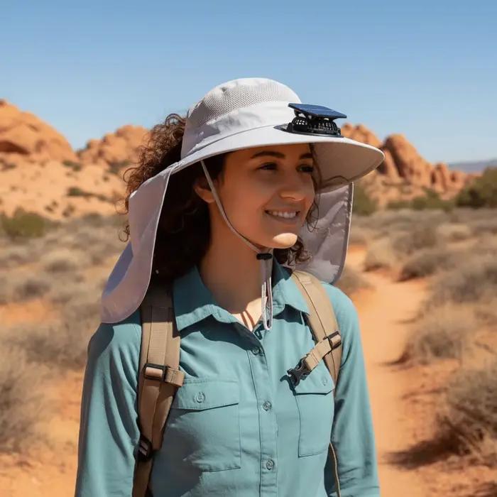 Chapeau de pêche solaire UPF50+ avec ventilateur intégré et châle