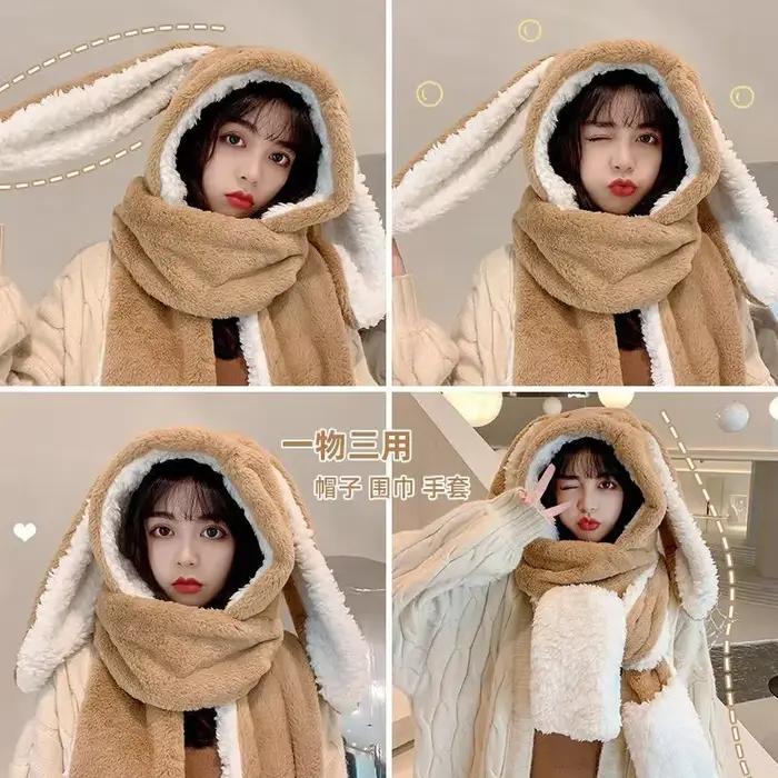 Nouvelle mode écharpe chapeau gant femmes mignon grande oreille lapin bonnet hiver chaud doux épaississement poche