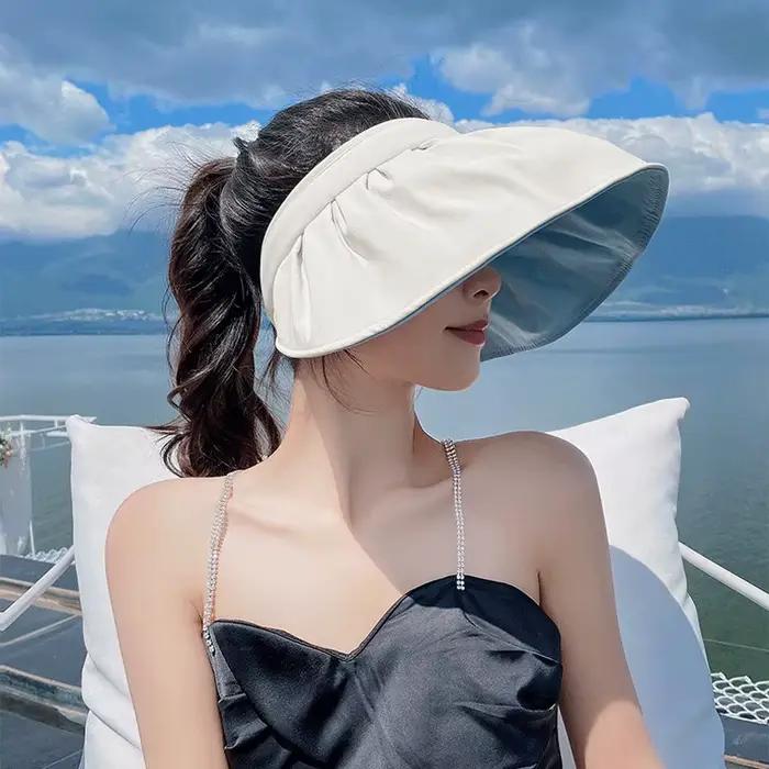 Chapeau pare-soleil d'été anti-UV double usage avec bandeau pour cheveux simili cuir pour femmes occasions spéciales voyage plage polyvalent