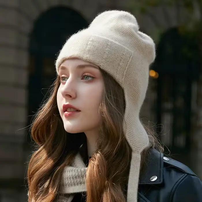 2025 femmes casquettes cachemire tricot chapeau hiver garder les oreilles au chaud offre spéciale mode pur Pashmina Skullies bonnets casquette volante en gros