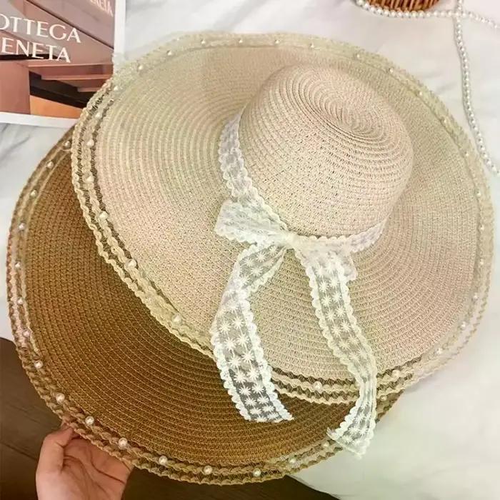 Chapeau de paille pour femme à grand bord avec nœud décoratif