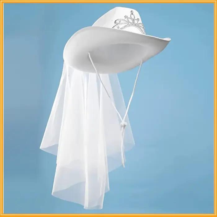 Chapeau de cowboy de mariée brodé de diamants blancs avec fil