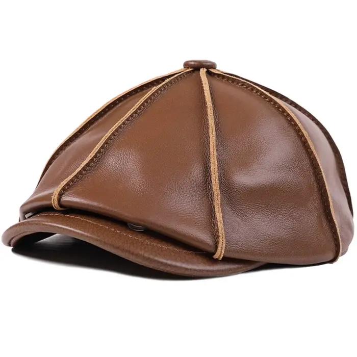 Bérets pour hommes femmes de haute qualité en cuir véritable chapeau octogonal Ivy casquette plate mâle femme automne