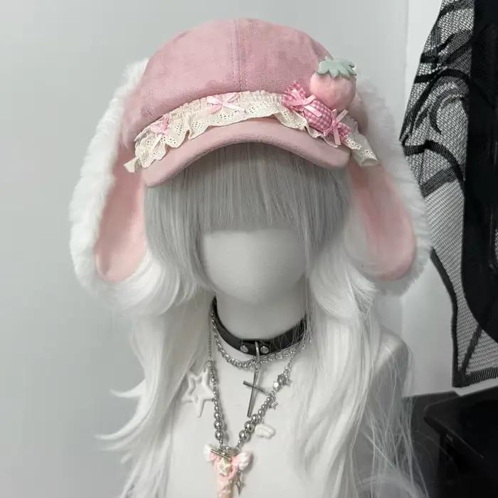 Béret original style Harajuku avec oreilles de lapin fraise
