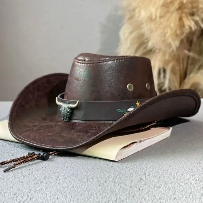 Chapeau de cowboy western en cuir PU tendance à large bord avec cordon de serrage