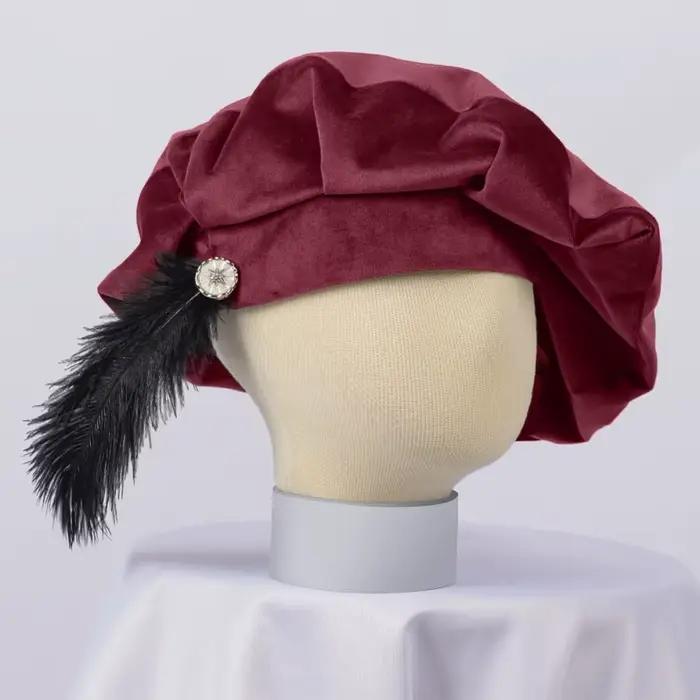 Chapeau à plumes rouge médiéval Tudor pour homme