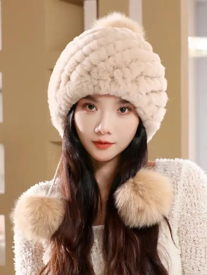 Véritable Rex lapin fourrure chapeau pour femmes automne russe ushanka rayure