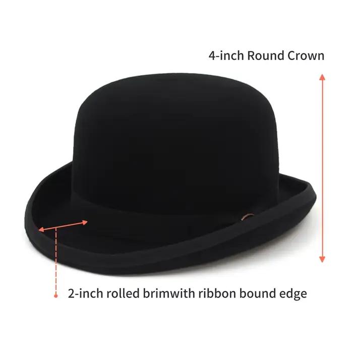 Chapeau melon Derby noir en feutre de laine 100% pour hommes et femmes