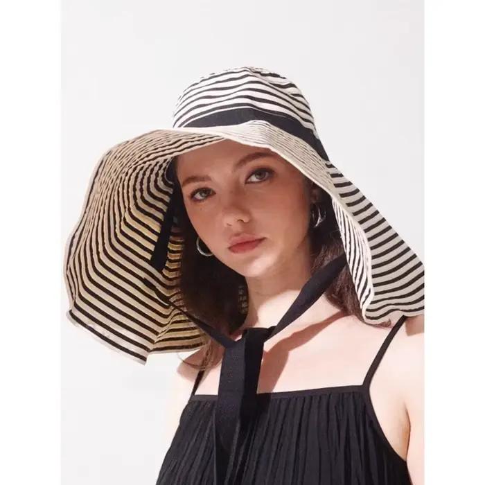 Chapeaux de pêcheur de soleil à rayures beige et blanches pour femmes, protection UV, large bord, voyage en plein air, pare-soleil, casquettes de bassin