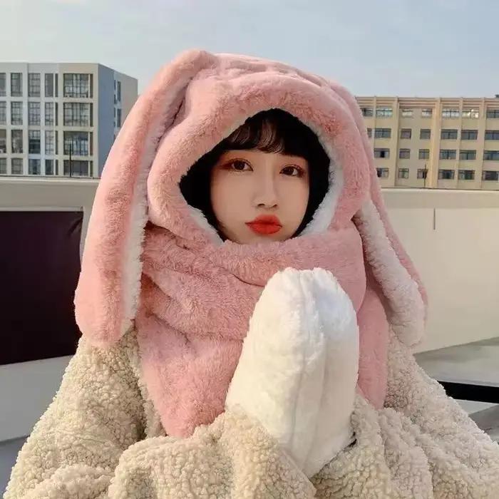 Nouvelle mode écharpe chapeau gant femmes mignon grande oreille lapin bonnet hiver chaud doux épaississement poche