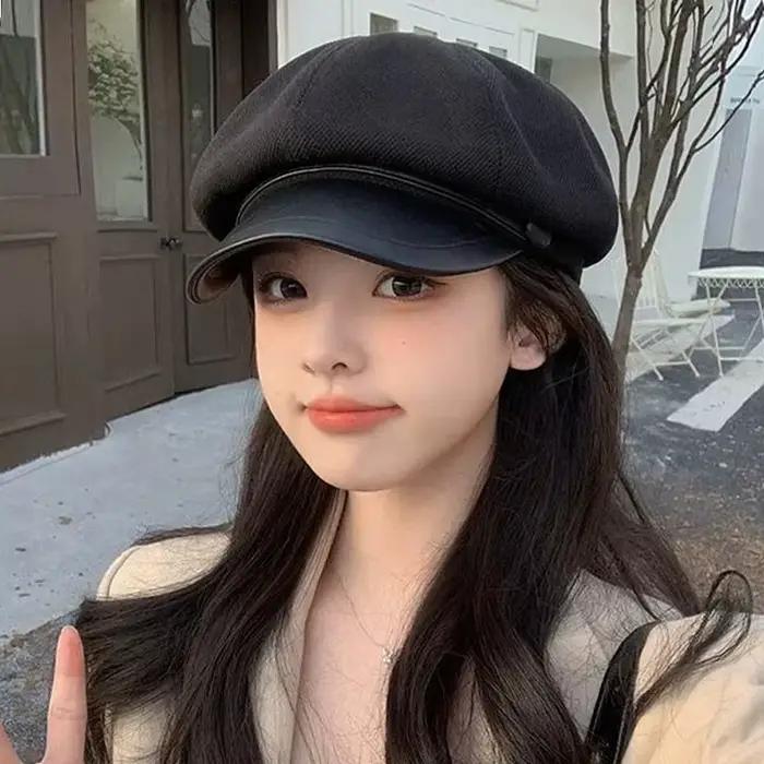 Nouveau chapeau octogonal en laine et cuir pour femmes