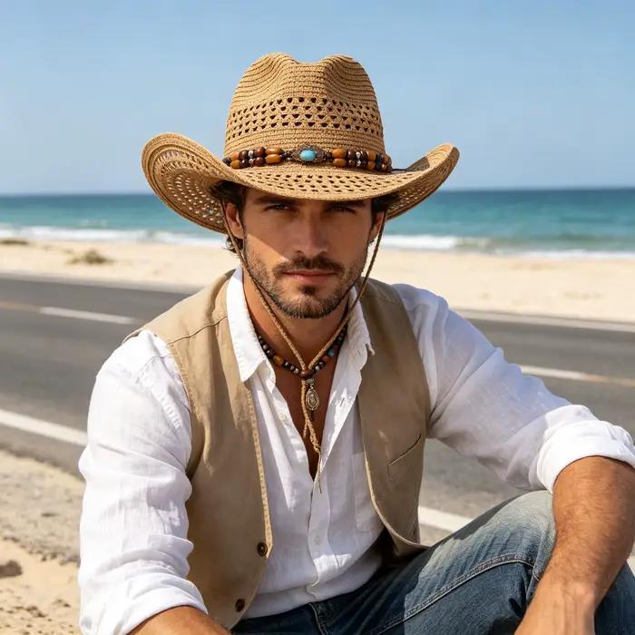 Chapeau de paille en denim tressé ajouré style bohème