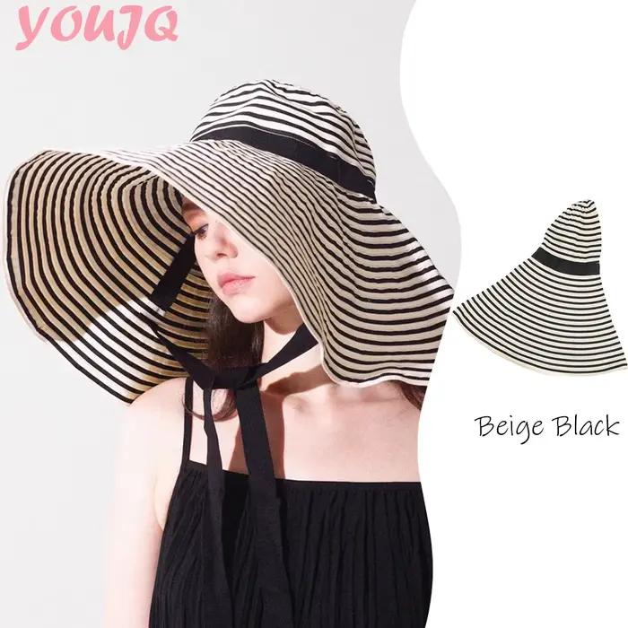 Chapeaux de pêcheur de soleil à rayures beige et blanches pour femmes, protection UV, large bord, voyage en plein air, pare-soleil, casquettes de bassin