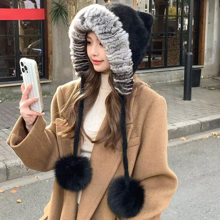 Chinchilla couleur véritable Rex fourrure de lapin Bomber casquette avec pompon de renard épais tricoté chaud oreille
