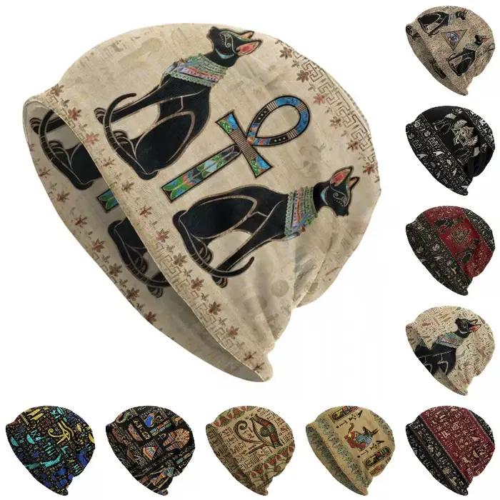 Personnalisé chats égyptiens et Ankh croix Bonnet chapeaux Hip Hop tricot chapeau hommes femmes chaud hiver ancien egypte Skullies bonnets casquettes