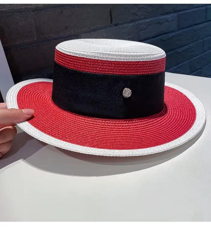Chapeau de paille rétro britannique color-block pour femme