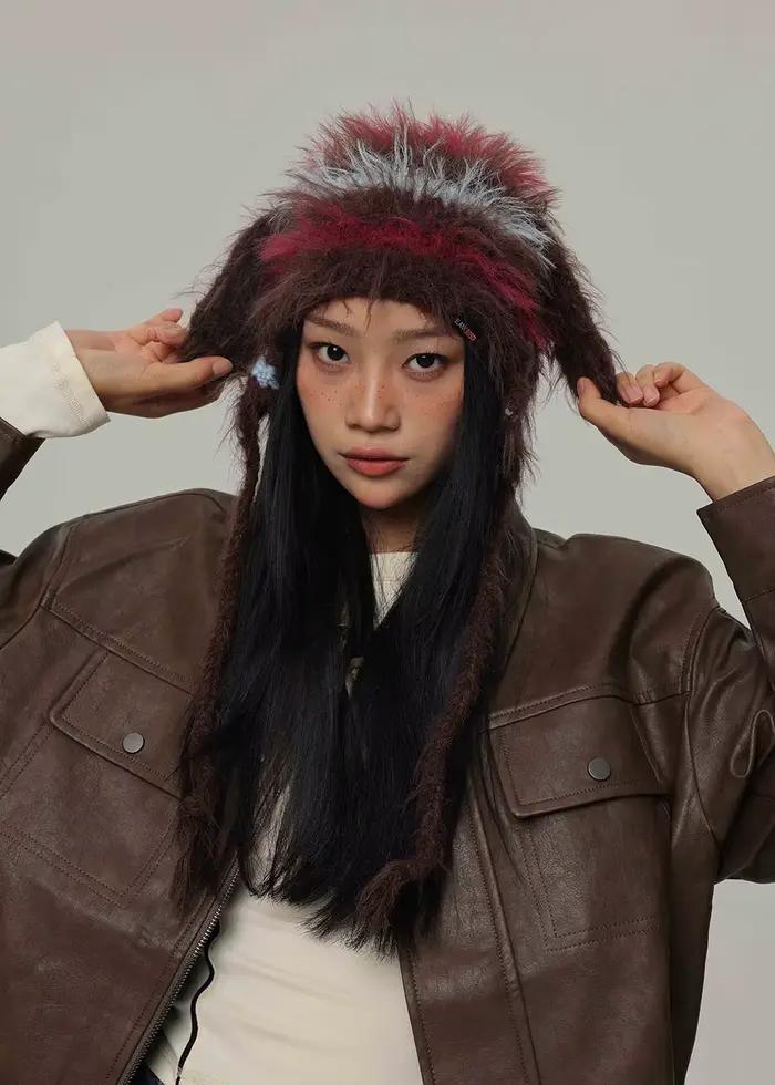 Stripecony cheveux Crochet à main chapeau FUR femmes hiver épaissi chaud tricoté laine casquette froide grande tête