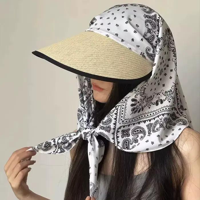 Chapeau de soleil d'été pour femme avec imprimé pois, écharpe intégrée, large bord, protection UV, pour plage et activités extérieures