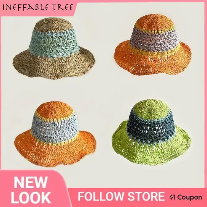 Chapeau de pêcheur en raphia rayé arc-en-ciel pour femme, chapeau de soleil pliable, plage, printemps et été, facile à ranger, protection solaire, confort maximal