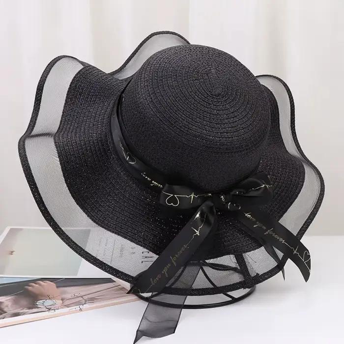 Chapeau de paille pliable avec nœud et ruban tressé