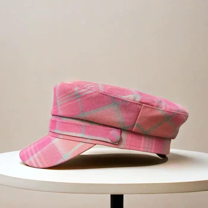 Béret à carreaux rose doux pour femme