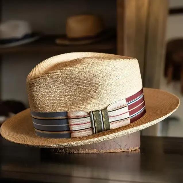 S/S Nouveau chapeau de paille Fedora avec large bande rayée, chapeau de soleil tissé pour hommes et femmes