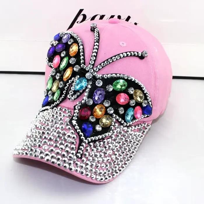 Casquette de Baseball d'automne femmes plein cristal coloré grand papillon chapeau Denim Bling strass casquettes
