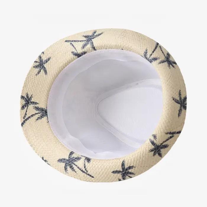 Chapeau de jazz en paille imprimé cocotier style britannique protection solaire plage été hommes adultes blanc beige bleu kaki