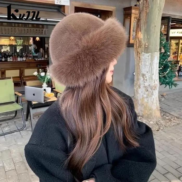 Chapeau d'hiver pour femmes fausse fourrure moelleux seau