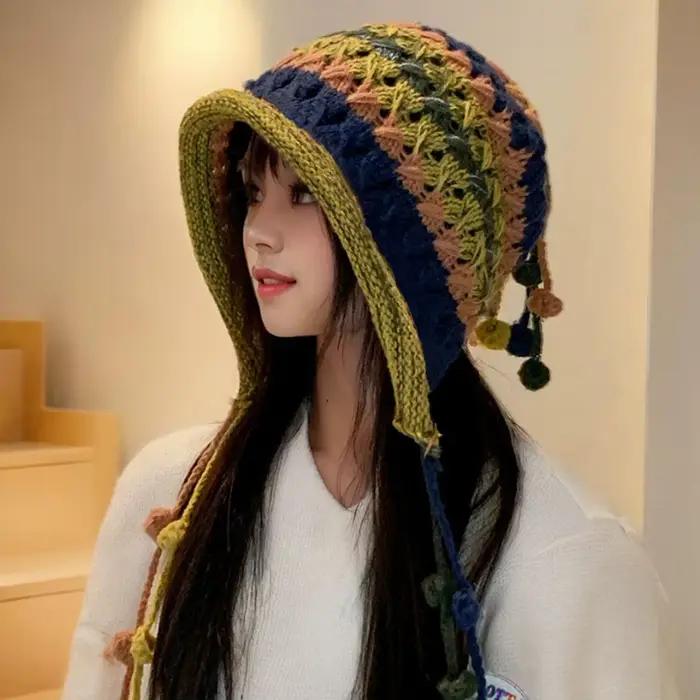 Bonnet en laine tricoté à rayures arc-en-ciel colorées pour femmes