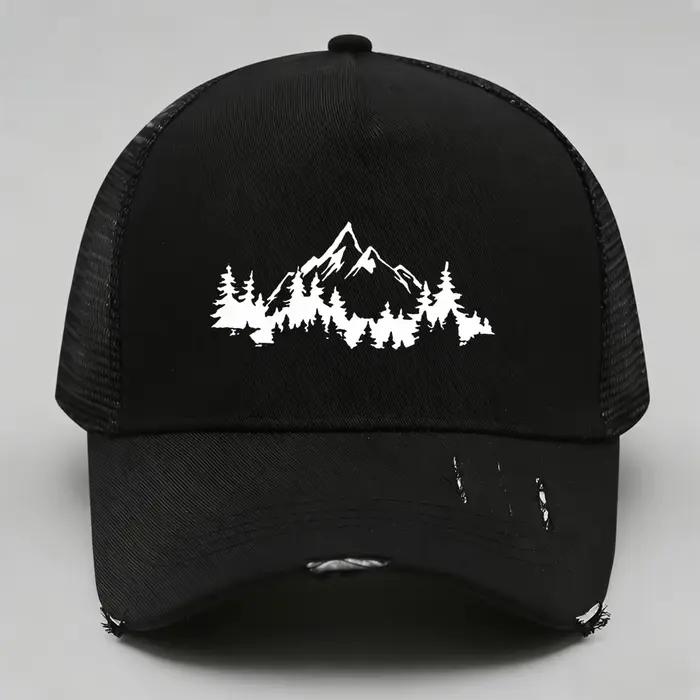 Casquette de camionneur en maille noire effet vieilli imprimé montagne pour homme et femme activités plein air style sport et urbain универсальное головное убор из нейлона с эффектом старения и принтом гор в стиле спорта и города для мужчин и женщин