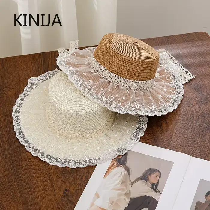 Chapeau de paille tressé à la main avec nœud coréen pour femme