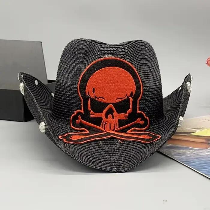 M6CD chapeau tissage paille Vintage avec crâne brodé pour hommes