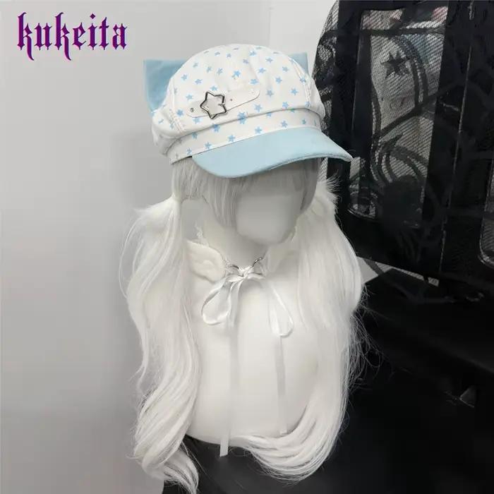 Kukrita Harajuku Y2K – Chapeau à oreilles de chat bleu et blanc