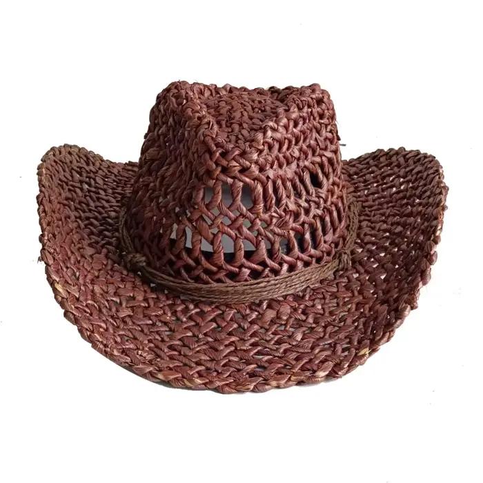 Chapeau de cowboy en matériau de coquille de maïs avec accessoires en strass et bord relevé