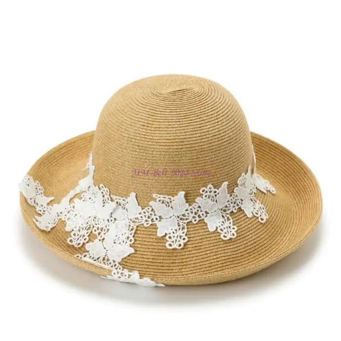Chapeau en raphia à larges bords à mode 49ME avec design en dentelle complexe