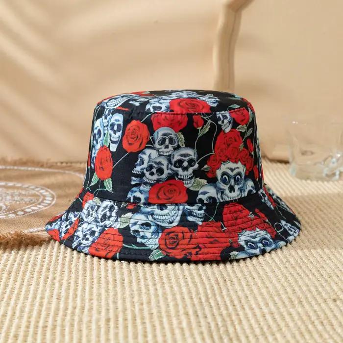 Chapeau de pêcheur réversible à motif rose et crâne imprimé