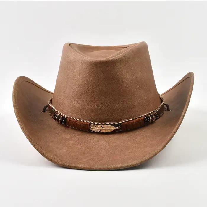 Nouveau 100% cuir hommes femmes Western Cowboy chapeau à large bord parrain chapeaux Gentleman église Sombrero Hombre Jazz casquette