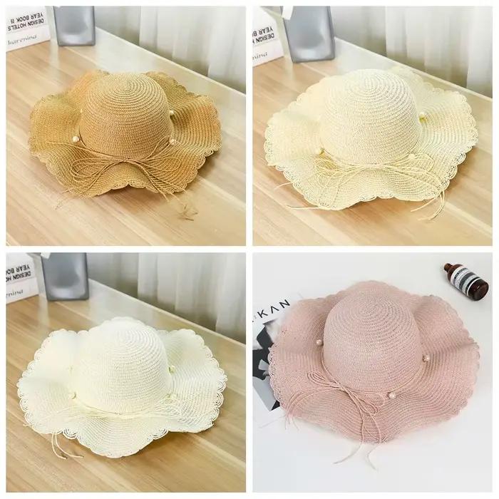 Chapeau de paille pliable à large bord avec perles style français pour femme protection solaire plage voyage occassions spéciales