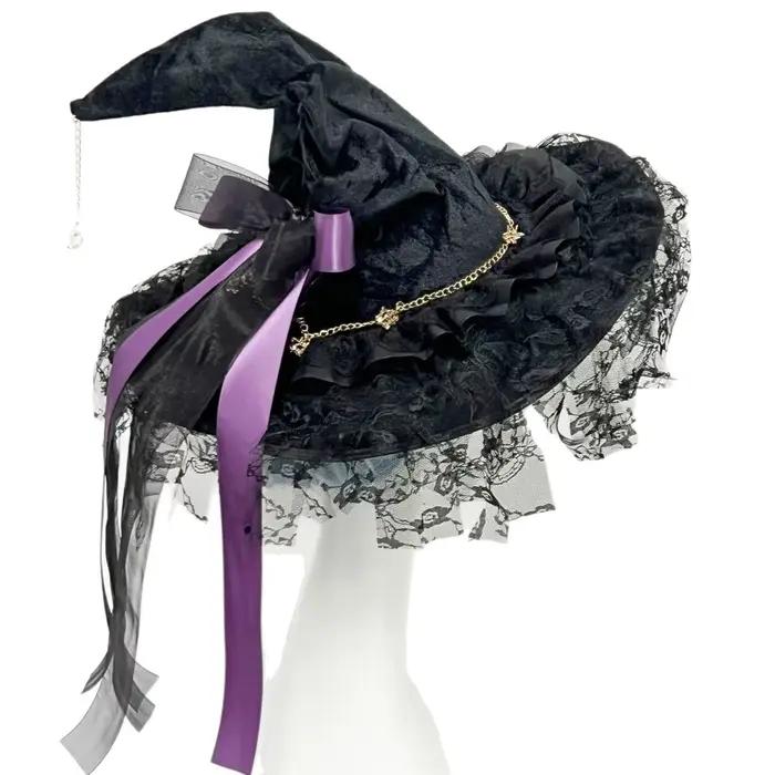Chapeau de sorcière/magicien gothique sombre Lolita à large bord pour cosplay d'Halloween