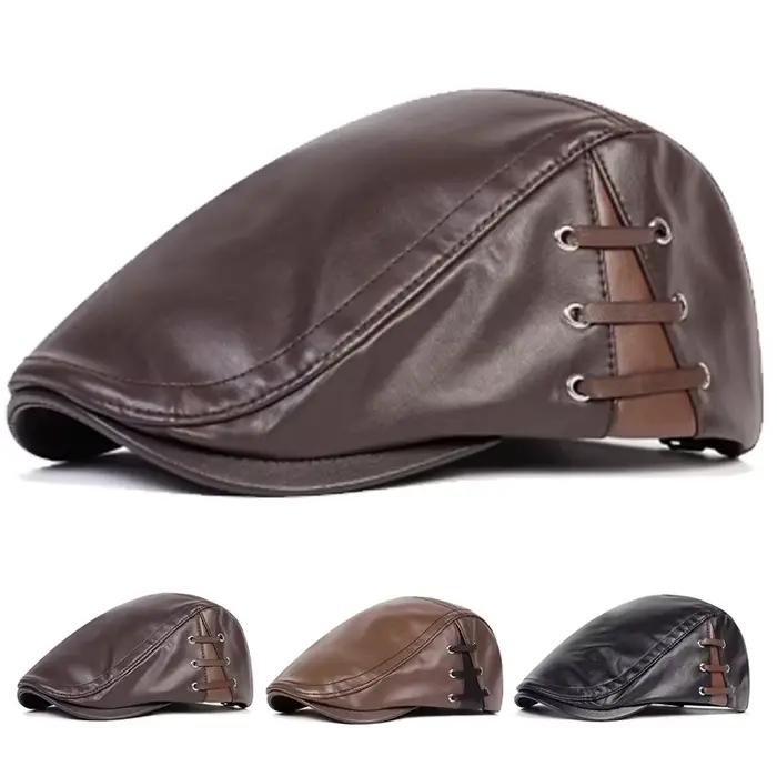 Casquettes de gavroche rétro en cuir PU de couleur unie pour hommes