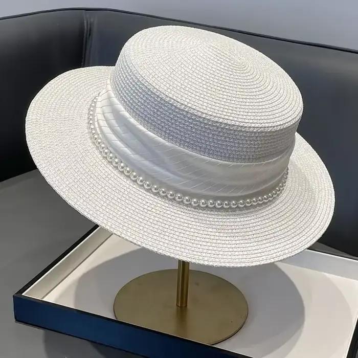 Chapeaux de soleil plats avec chaîne de perles pour femmes