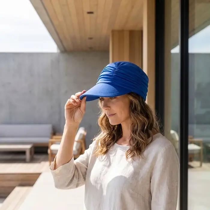 Chapeau de soleil à large bord pour femme, ajustement élastique, protection UV, visière rafraîchissante, casquette pliable avec sangle réglable, multifonctionnel pour plage et activités en plein air
