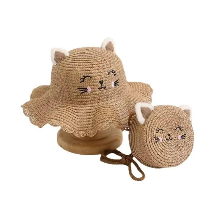 Chapeau de soleil de paille pour enfants motif chat mignon réglable plage été occasions spéciales